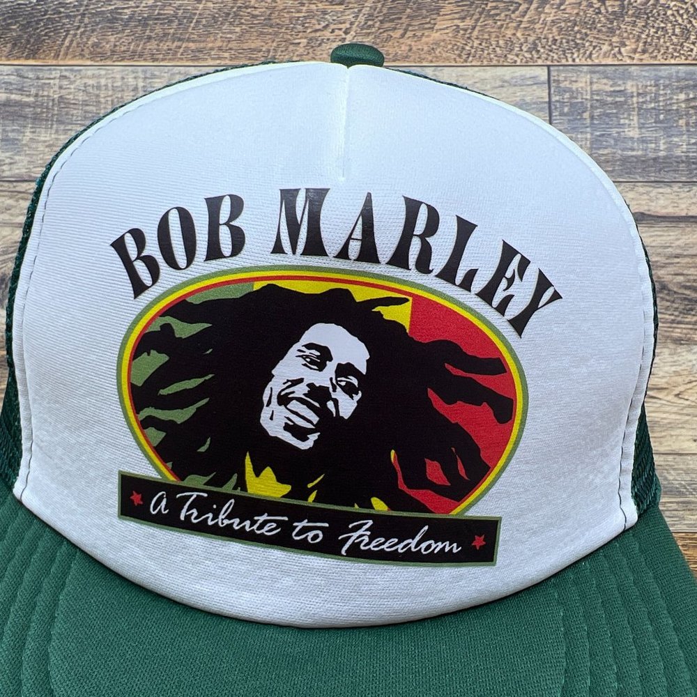 Retro Bob Marley Mens Trucker Hat Green Snapback Tribute To Freedom Restaurant - Picture 2 of 7
